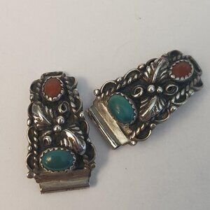 Vintage Native American Turquoise Coral Sterling Watch Tips   (1536)